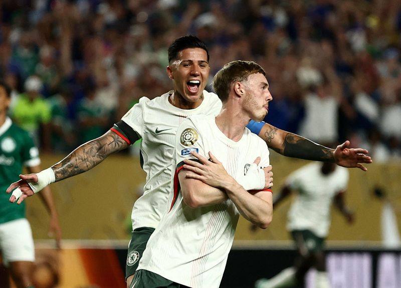 July 4: Chelsea FC's Cole Palmer celebrates after scoring a goal during the first half of a quarterfinal match against Palmeiras at Lincoln Financial Field. Chelsea won the game, 2-1.