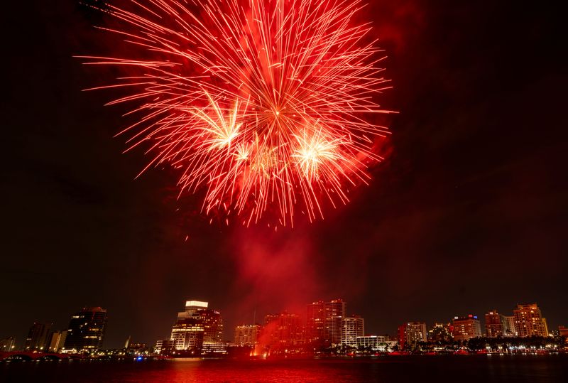 Fireworks light up the skyline during the 37th annual 4th on Flagler event on July 4, 2025 in West Palm Beach, Florida.