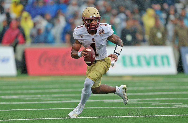 Oct 7, 2023; West Point, New York, USA; Boston College Eagles quarterback Thomas Castellanos (1) looks to pass against the Army Black Knights during the first half at Michie Stadium. Mandatory Credit: Danny Wild-USA TODAY Sports