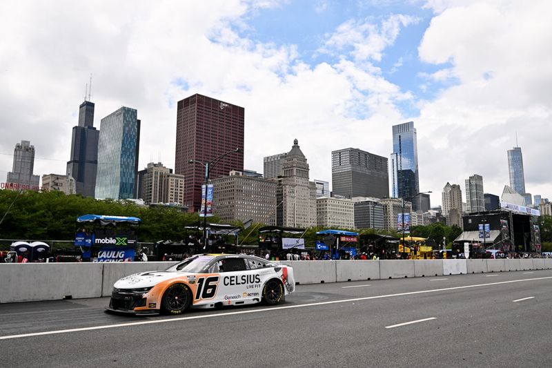Jul 6, 2025; Chicago, Illinois, USA; NASCAR Cup Series driver AJ Allmendinger (16) drives during the Grant Park 165 at Chicago Street Race. Mandatory Credit: Daniel Bartel-Imagn Images