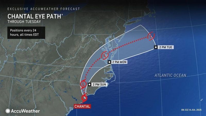 AccuWeather forecast for Tropical storm Chantal's eye path through July 8, 2025.