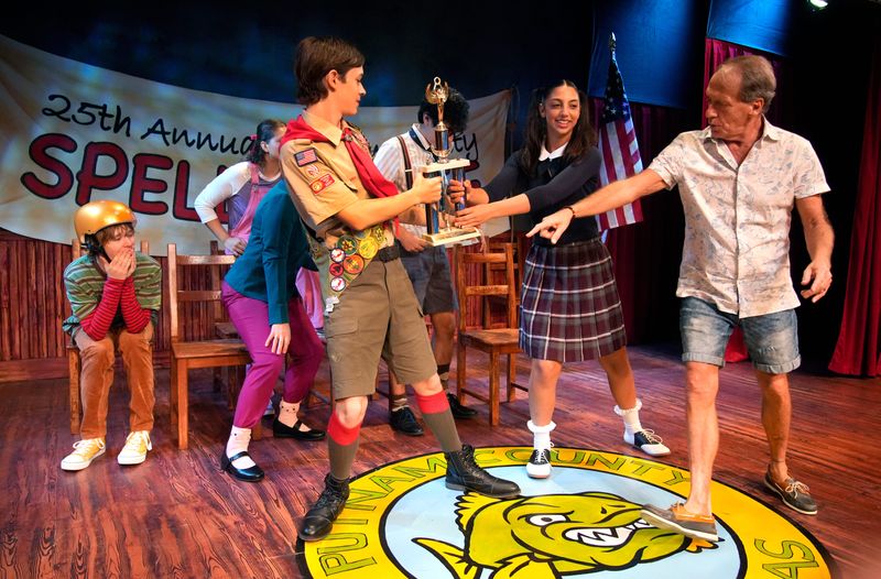 Director Brad Wages, right, positions actors Silas Thormo, left, and Emily Kelly, center, and other cast members for a promotional photo during rehearsal recently at Venice Theatre. SummerStock participants will perform "The 25th Annual Putnam County Spelling Bee" beginning July 18th through Aug. 3rd.