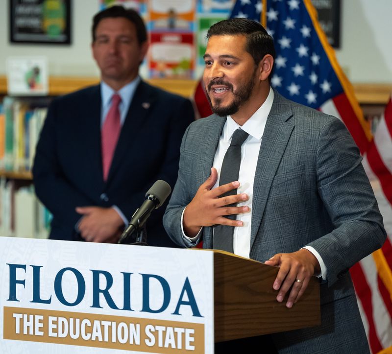 Florida Education Secretary Anastasios Kamoutsas, addresses the crowd after being introduced by Florida Governor Ron DeSantis while visiting Oceanway Elementary School Monday July 7, 2025 in Jacksonville, Fla. DeSantis also released grades for schools and county school districts. Duval County Public Schools went from a “B” district to an “A” district, its first-ever "A" after 20+ years of trying. [Doug Engle/Florida Times-Union]