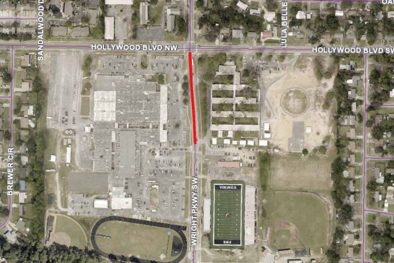 From July 8-10, 2025, a contractor is scheduled to repair stormwater pipes beneath Wright Parkway between Hollywood Boulevard and the entrance to the Fort Walton Beach High School football stadium, as shown in this map.