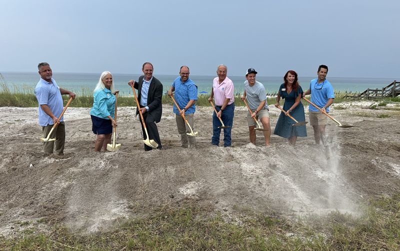 City and county officials broke ground on the Tarpon Beach Gulf Front Park Monday morning. Standing from left are Torey Geile, Destin council; Sandy Trammell, Destin council; Drew Palmer, Okaloosa County Commission; Paul Mixon, Okaloosa County Commission chair; Jim Bagby, Destin council; Bobby Wagner, Destin Mayor; Teresa Hebert, Destin council; and Kevin Schmidt, Destin council.