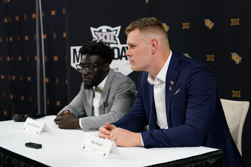 Jul 8, 2025; Frisco, TX, USA; UCF running back Myles Montgomery and offensive lineman Paul Rubelt answers questions from the media during 2025 Big 12 Football Media Days at The Star. Mandatory Credit: Raymond Carlin III-Imagn Images