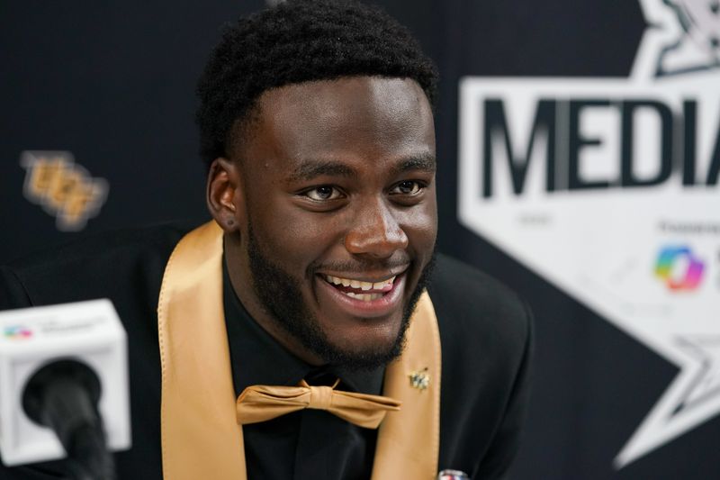 Jul 8, 2025; Frisco, TX, USA; UCF defensive end Nyjalik Kelly answers questions from the media during 2025 Big 12 Football Media Days at The Star. Mandatory Credit: Raymond Carlin III-Imagn Images