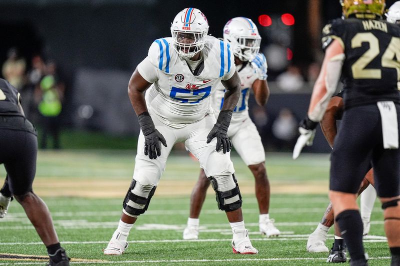 Sep 14, 2024; Winston-Salem, North Carolina, USA; Mississippi Rebels offensive lineman Micah Pettus (57) during the second half against the Wake Forest Demon Deacons at Allegacy Federal Credit Union Stadium. Mandatory Credit: Jim Dedmon-Imagn Images