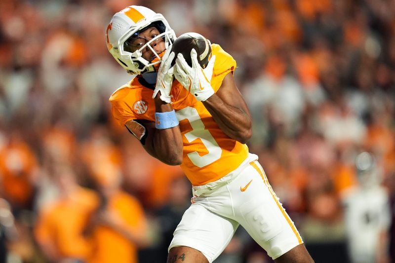 Nov 9, 2024; Knoxville, Tennessee, USA; Tennessee Volunteers wide receiver Squirrel White (3) catches the ball for a touchdown against the Mississippi State Bulldogs during the first half at Neyland Stadium. Mandatory Credit: Caitie McMekin/USA TODAY Network via Imagn Images