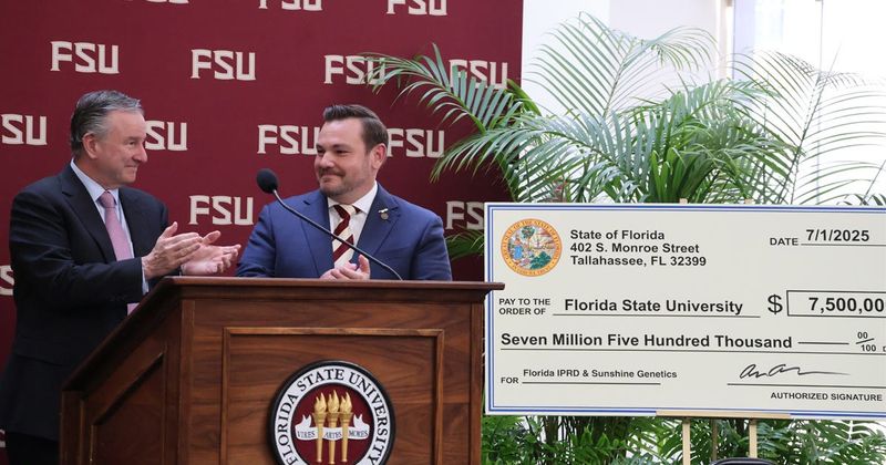 From left, Florida State University President Richard McCullough and Florida Rep. Adam Anderson (R-Palm Harbor) at a ceremony at the FSU College of Medicine celebrating the signing if HB 907, the Sunshine Genetics Act. Rep. Anderson presented a check for $7.5 million from the State of Florida to support the Sunshine Genetics Pilot Program and the Florida Institute for Pediatric Rare Diseases at Florida State University.
