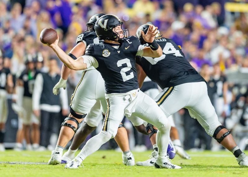 Diego Pavia 2 throws a pass as the LSU Tigers take on the Vanderbilt Commodores. Nov 23, 2024; Baton Rouge, Louisiana, USA; at Tiger Stadium.