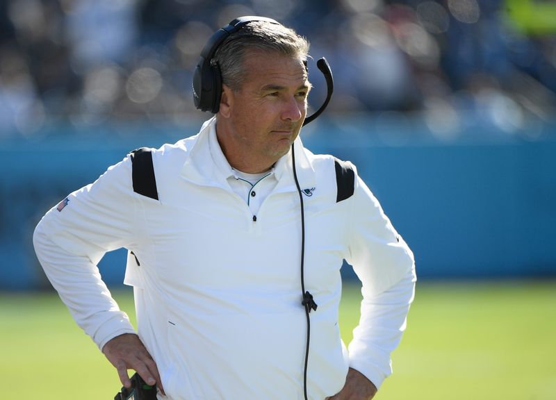 Dec 12, 2021; Nashville, Tennessee, USA; Jacksonville Jaguars head coach Urban Meyer against the Tennessee Titans during first half at Nissan Stadium. Mandatory Credit: Steve Roberts-USA TODAY Sports