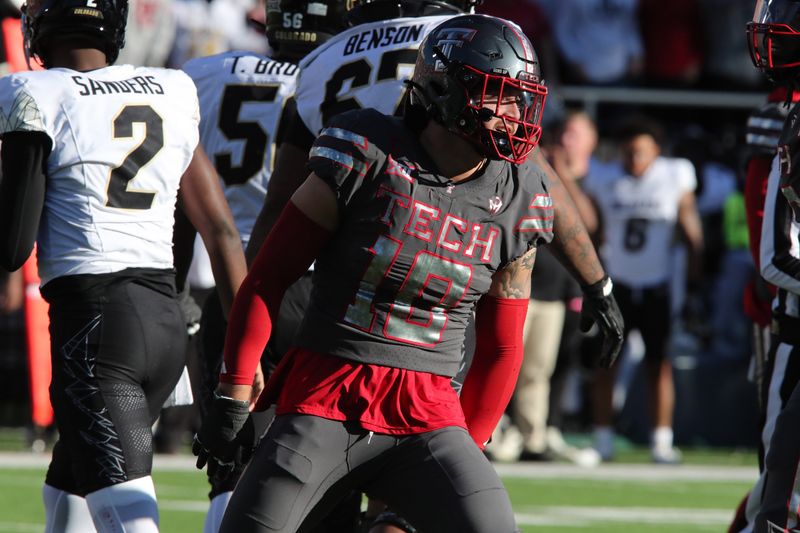 Nov 9, 2024; Lubbock, Texas, USA; Texas Tech Red Raiders defensive back Jacob Rodriguez (10) reacts in the first half after making a tackle against the Colorado Buffalos at Jones AT&T Stadium and Cody Campbell Field. Mandatory Credit: Michael C. Johnson-Imagn Images