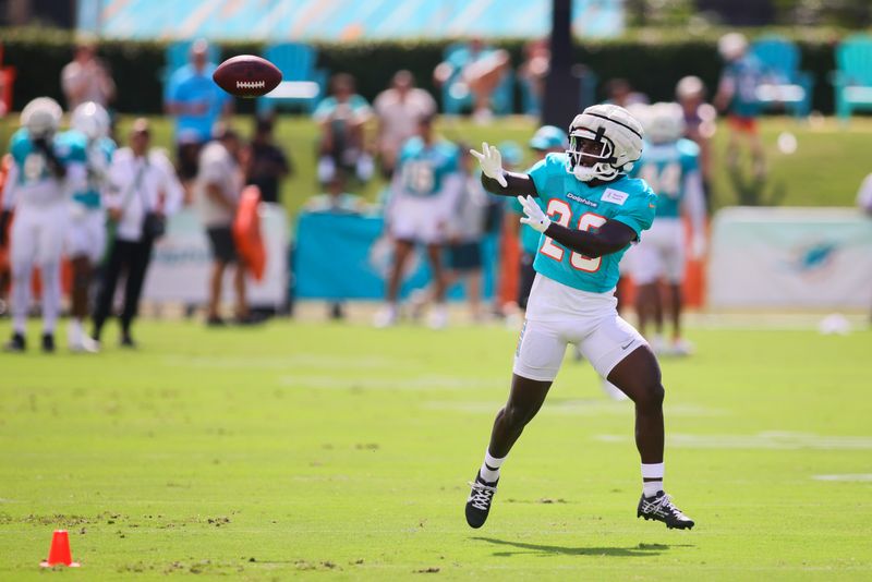 Aug 6, 2024; Miami Gardens, FL, USA; Miami Dolphins running back De'Von Achane (28) catches the football during a joint practice with the Atlanta Falcons at Baptist Health Training Complex. Mandatory Credit: Sam Navarro-USA TODAY Sports