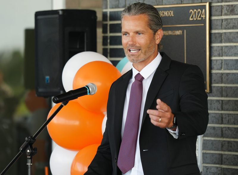 Sarasota County Schools Superintendent Terry Connor speaks during a July 2025 ribbon-cutting ceremony for the district's Skye Ranch School on Lorraine Road in Sarasota.