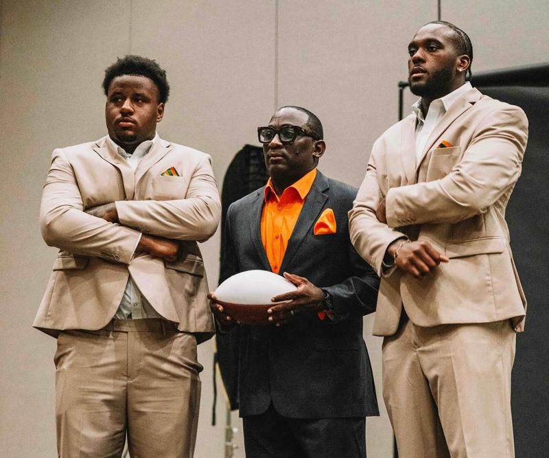 Florida A&M Rattlers head coach James Colzie III (middle), offensive lineman Ashton Grable (left), and defensive end Davion Westmoreland represented the program at the 2025 Southwestern Athletic Conference Football Media Day, held at the Sheraton Birmingham in Alabama, Wednesday, July 16, 2025.