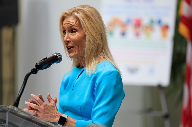 Mayor Donna Deegan speaks at City Hall Wednesday, July 16, 2025 in Jacksonville, Fla. Mayor Deegan and former Mayor John Peyton announced that River City Readers, a school-aged children literacy campaign, will begin mailing a free book to every 4-year-old in the city every month.