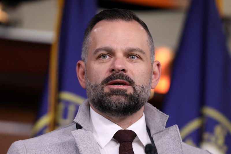 U.S. Representative Cory Mills of Florida speaks during a news conference where U.S. Rep. Marjorie Taylor Greene of Georgia introduced a resolution to investigate funding for Ukraine, on Capitol Hill in Washington, U.S., November 17, 2022. REUTERS/Amanda Andrade-Rhoades