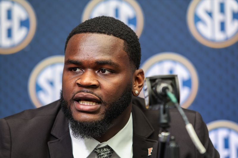 Jul 16, 2025; Atlanta, GA, USA; Florida State Gators defensive lineman Caleb Banks answers questions from the media during the SEC Media Days at Omni Atlanta Hotel. Mandatory Credit: Jordan Godfree-Imagn Images