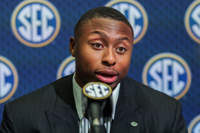Jul 16, 2025; Atlanta, GA, USA; Florida State Gators quarterback DJ Lagway answers questions from the media during the SEC Media Days at Omni Atlanta Hotel. Mandatory Credit: Jordan Godfree-Imagn Images