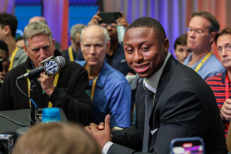 Jul 16, 2025; Atlanta, GA, USA; Florida Gators quarterback DJ Lagway answers questions from the media during the SEC Media Days at Omni Atlanta Hotel. Mandatory Credit: Jordan Godfree-Imagn Images
