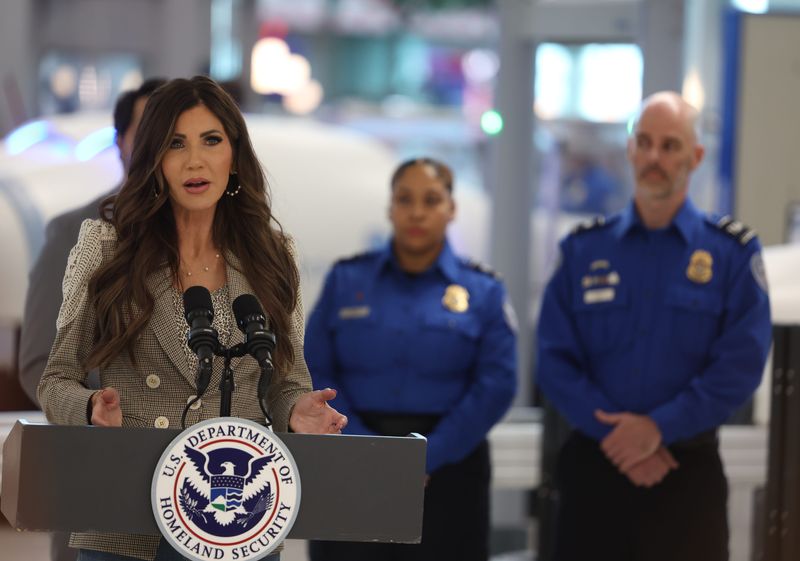 U.S. Secretary of Homeland Security Kristi Noem speaks during a press conference at Nashville International Airport announcing new express TSA lanes for military families as part of the “Serve With Honor, Travel With Ease” initiative Thursday, July 17, 2025.