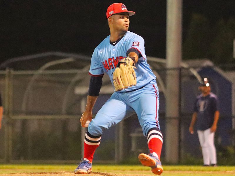 The Harwich Mariners' Christian Rodriguez (Florida) winds up a pitch during a Cape Cod Baseball League game against the Wareham Gatemen on July 16, 2025.