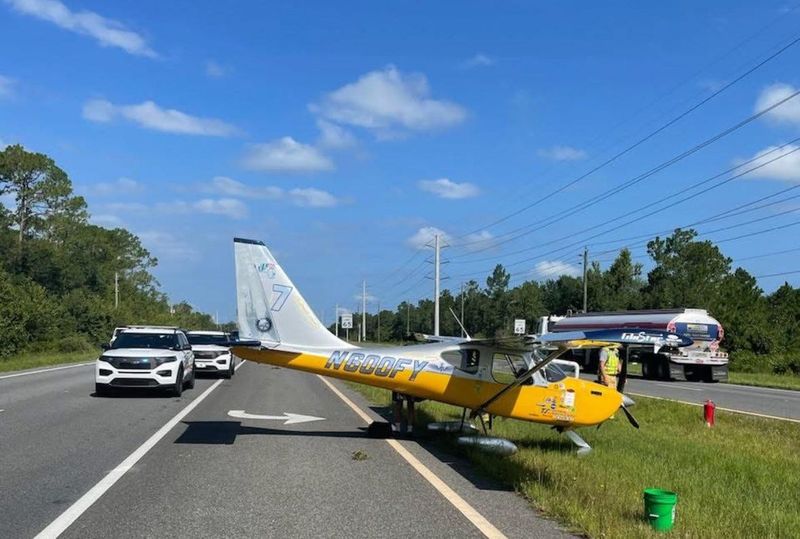 This Facebook post from the Volusia Sheriff's Office shows a plane that was forced to make an emergency landing on State Road 44 in New Smyrna Beach on Saturday, July 19, 2025.