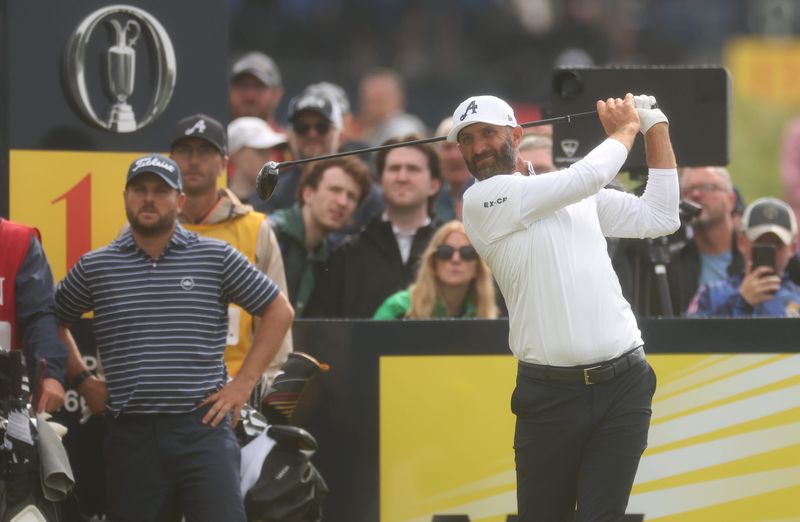Jul 18, 2025; Portrush, IRL; Dustin Johnson tees off on the 14th hole during the second round of The 153rd Open Championship golf tournament. Mandatory Credit: Mike Frey-Imagn Images