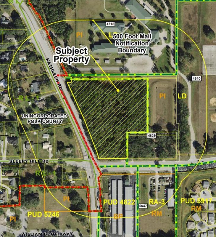 This aerial map shows the 7.5-acre site that will be the future site of 64 attached single-family townhomes by Air-Sun Florida LLC, at the northeast corner of Kathleen Road and Sleepy Hill ROad.