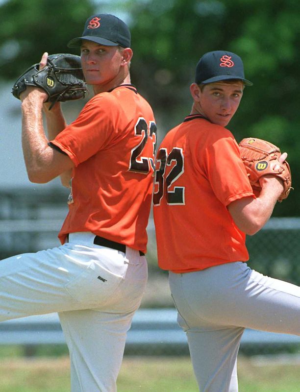 Sarasota High pitchers Matt Drews, left, and Doug Million posed together prior to the 1993 Florida state baseball tournament.