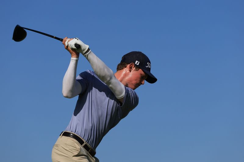 Wylie Inman tees off on the fourth hole during the first round of stroke play of the 2025 U.S. Junior Amateur at Trinity Forest Golf Club in Dallas, Texas on Monday, July 21, 2025. (Dustin Satloff/USGA)