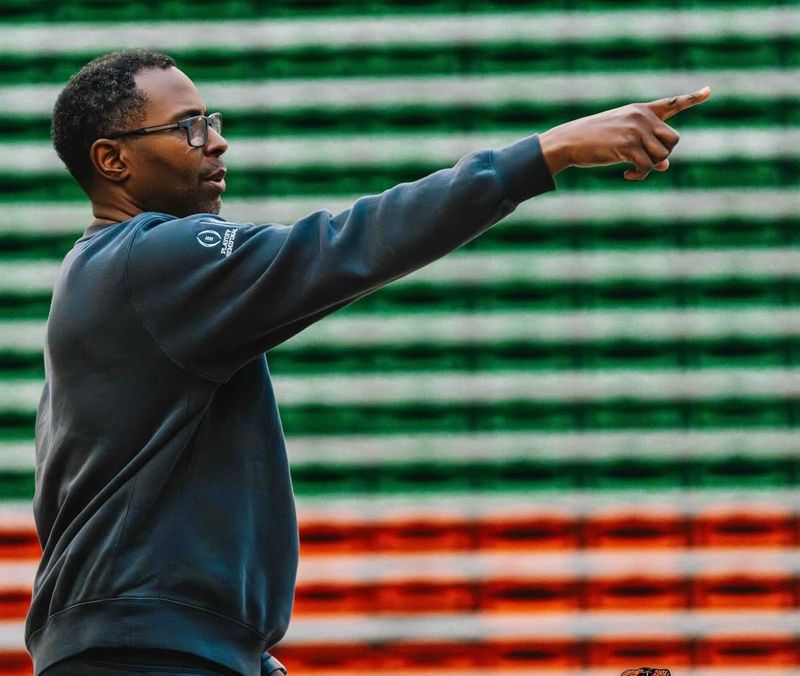 Florida A&M head men's basketball coach Charlie Ward coaches the Rattlers during offseason workouts at the Al Lawson Jr. Multipurpose Center in Tallahassee, Florida.