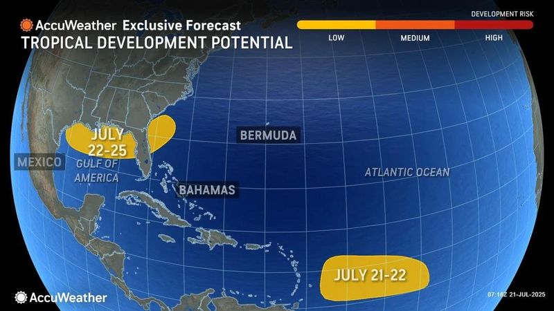 AccuWeather forecasters are watching areas in the Atlantic and Gulf of America July 21, 2025, with low chances of development that may still bring rain and thunderstorms to Florida.