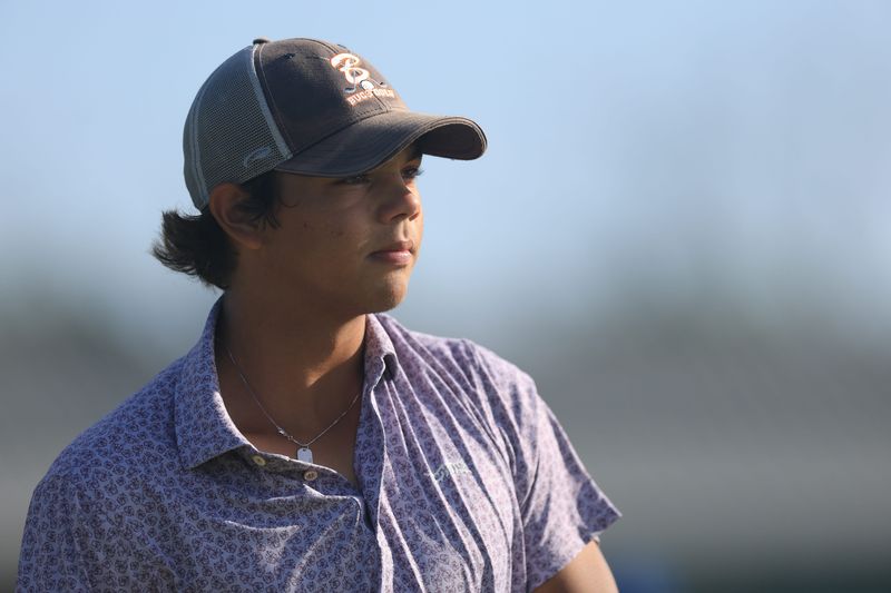 Charlie Woods on the first hole during the second round of stroke play of the 2025 U.S. Junior Amateur at Trinity Forest Golf Club in Dallas, Texas on Tuesday, July 22, 2025. (Dustin Satloff/USGA)