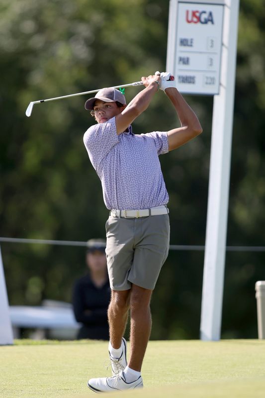 DALLAS, TEXAS - JULY 22: Charlie Woods of the United States hits a tee shot on the third hole during the second round of the U.S. Junior Amateur at Trinity Forest Golf Club on July 22, 2025 in Dallas, Texas. (Photo by Tim Heitman/Getty Images)