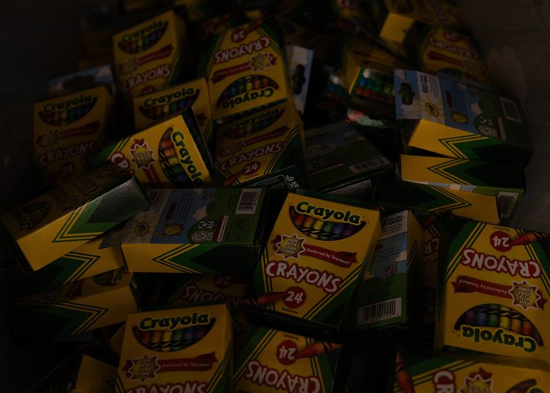 Crayons are seen at Rutherford High School’s Adrianna Swearingen Teacher Resource Store in Panama City, Fla., July 21, 2025. The Bay District Schools initiative helps first-year teachers buy items for their classrooms. (Tyler Orsburn/News Herald)