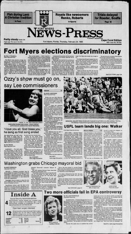 This is the front page of The News-Press on Feb. 23, 1983 that features a story about the Lee County Commission voting to allow rocker Ozzy Osbourne to perform a concert in Fort Myers on Feb. 24, 1983.