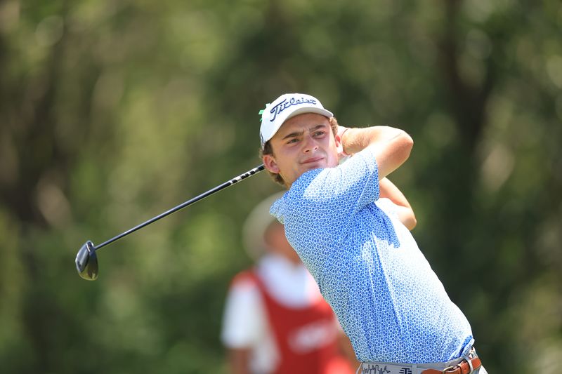 Tyler Mawhinney tees off on the 16th hole during the first round of stroke play of the 2025 U.S. Junior Amateur at Trinity Forest Golf Club in Dallas, Texas on July 21, 2025. (Dustin Satloff/USGA)