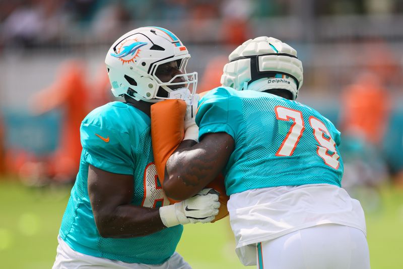 Aug 6, 2024; Miami Gardens, FL, USA; Miami Dolphins guard Matthew Jones (62) works out with offensive tackle Bayron Matos (79) during a joint practice with the Atlanta Falcons at Baptist Health Training Complex. Mandatory Credit: Sam Navarro-USA TODAY Sports