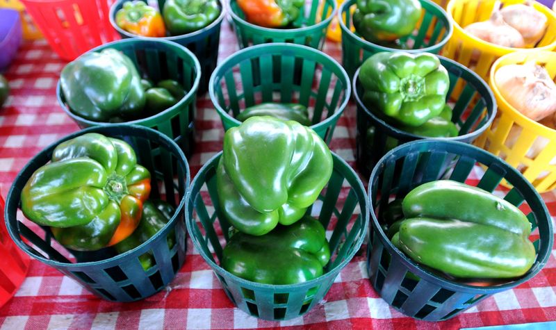 BRUCE LIPSKY/The Times-Union--01/08/11--Large bell peppers at the colorful booth of Reed's Grove, of Weirsdale, FL, on Saturday, January 08, 2011, in Jacksonville, FL. On Saturdays in January and February the Riverside Arts Market is a famers market until the arts return in March. It is open from 10-1. (Florida Times-Union, Bruce Lipsky) 2010