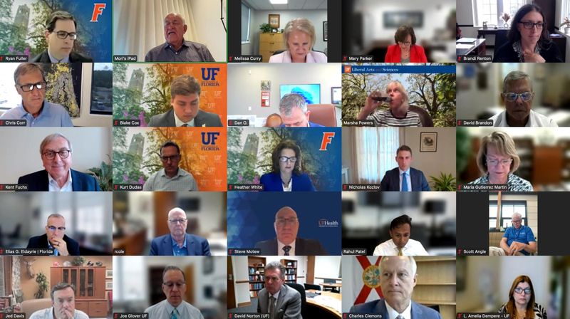 Members of the University of Florida Board of Trustees and others meet via Zoom on July 23, 2025.