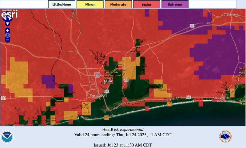 The National Weather Service's experimental heat risk map shows the majority of Escambia and Santa Rosa counties under major heat risk on Wednesday.