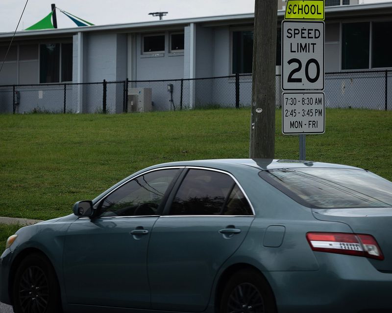A car drives past Palm Bay Elementary School in Panama City, Fla., July 23, 2025. (Tyler Orsburn/News Herald)