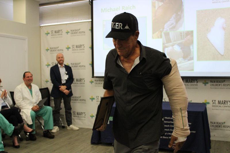 Michael Reich at St. Mary's Medical Center in West Palm Beach, Fla., on July 23, 2025, days after he survived a shark attack in the Bahamas.