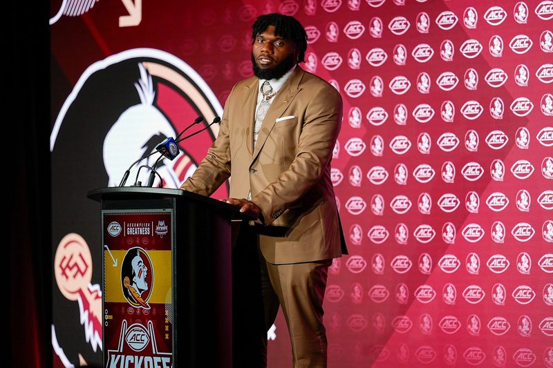 Jul 23, 2025; Charlotte, NC, USA; FSU defenseve lineman Darrell Jackson Jr.answers questions from the media during ACC Media days at Hilton Charlotte Uptown. Mandatory Credit: Jim Dedmon-Imagn Images