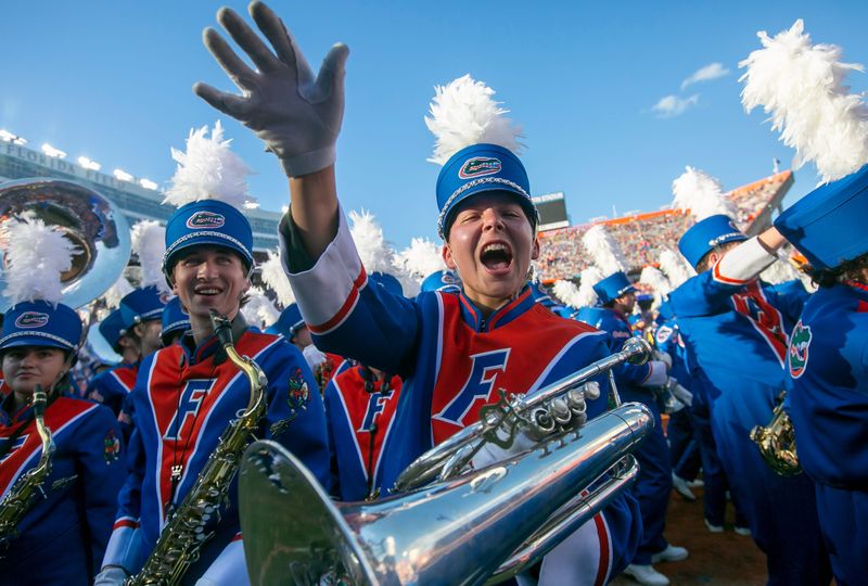 The Florida Gator marching band does the gator chomp before Florida takes on South Carolina at Steve Spurrier Field at Ben Hill Griffin Stadium in Gainesville, FL on Saturday, November 12, 2022.