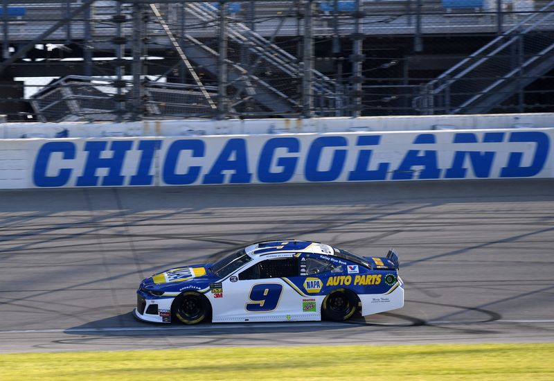 Jun 29, 2019; Joliet, IL, USA; NASCAR Cup Series driver Chase Elliott (9) competes during qualifying for the Camping World 400 at Chicagoland Speedway. Mandatory Credit: Mike DiNovo-USA TODAY Sports
