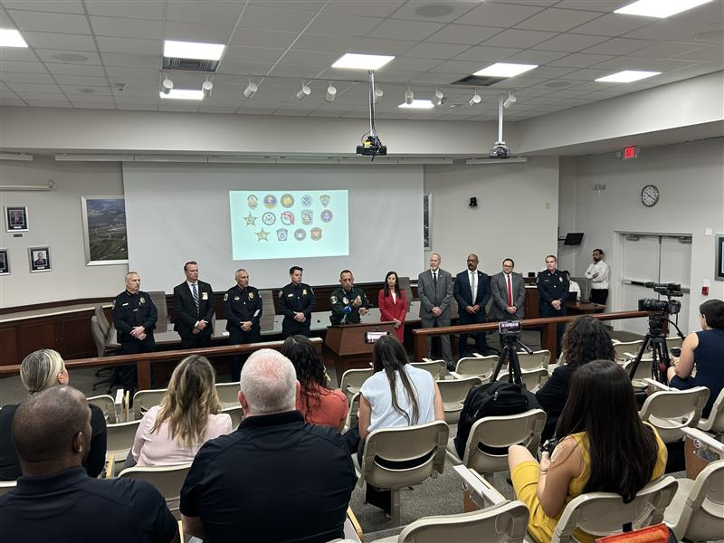 Multiple local law enforcement agencies gathered for a press conference at the Lee County Port Authority Airport Training and Conference Center on Thursday, July 24, to announce the results of Operation No Cap, a major drug trafficking investigation.