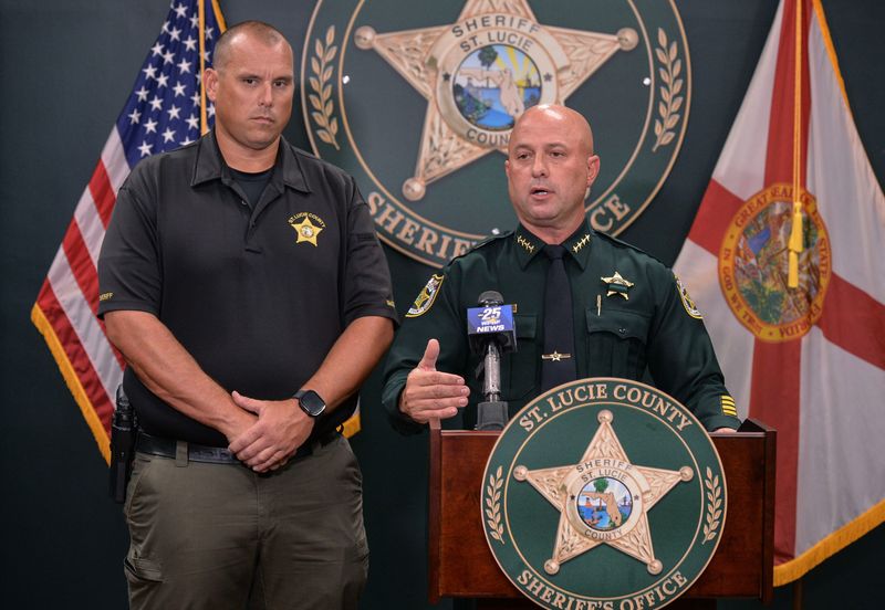 St. Lucie County Sheriff Richard Del Toro, right, and Detective Eric Wax on July 24, 2025, announce the arrest of Fort Pierce City Commissioner James Taylor, 38, on felony charges after allegations of having an inappropriate relationship with a teen girl.